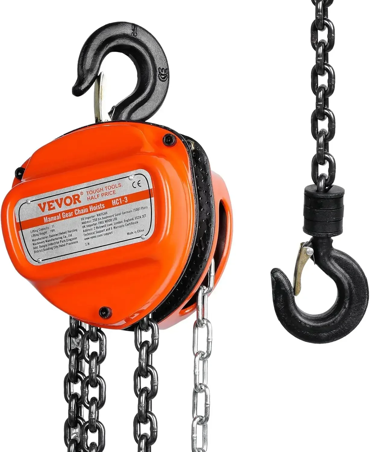 Hand Chain Hoist, 1 Ton 2200 lbs Capacity 10 FT Come Along, G80 Galvanized Carbon Steel with Double-Pawl Brake