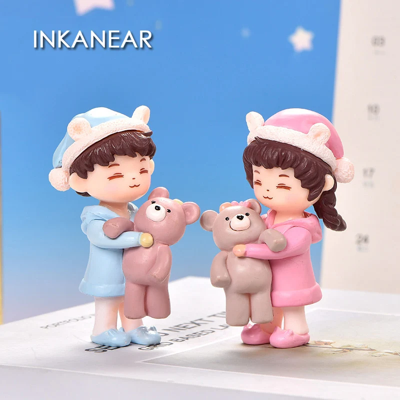 Kawaii Winter Girl & Boy in Pajamas Hugging Bear Figures Miniature Home Decor People Dolls Gnome Valentine's Day Gift Dollhouse