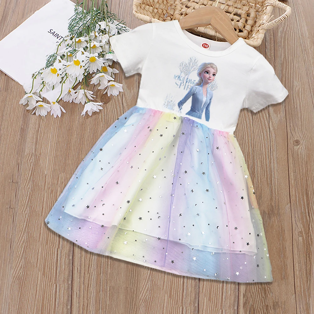 

2025 New Girls Dress Summer Kids Clothes Children Frozen Elsa Princess Baby Girl Short Sleeve Birthday Party Dresses Rainbow