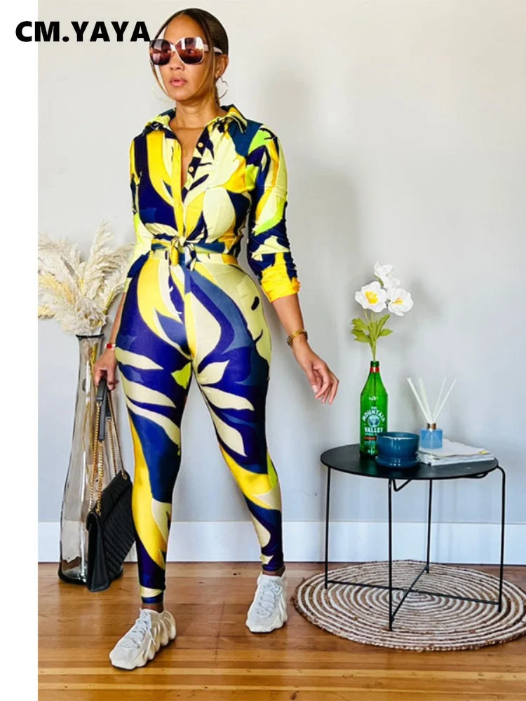 Cm.Yaya Streetwear Leaf Printed Women Legging Pants Suit And Long Sleeve Shirt Fashion Casual Two 2 Piece Set Outfits Tracksuit