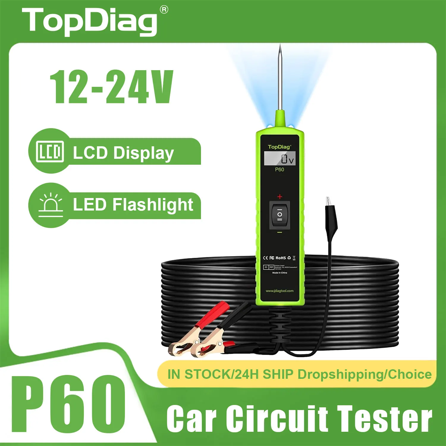 Topdiag P60 12V Test Light Automotive Power Circuit Probe Kit Car Fuse Tester Voltage Tester 0.3V-70V AC DC Outlet Tester 12V 24V Automotive Short Circuit Finder