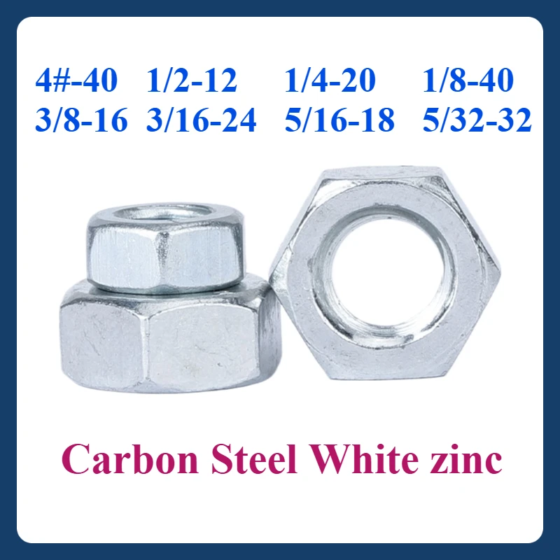 

Imperial Hexagon Nuts 10-100pcs Zinc Plated Carbon Steel US/UK Standard Carbon Steel White Zinc Plated Hex Nut