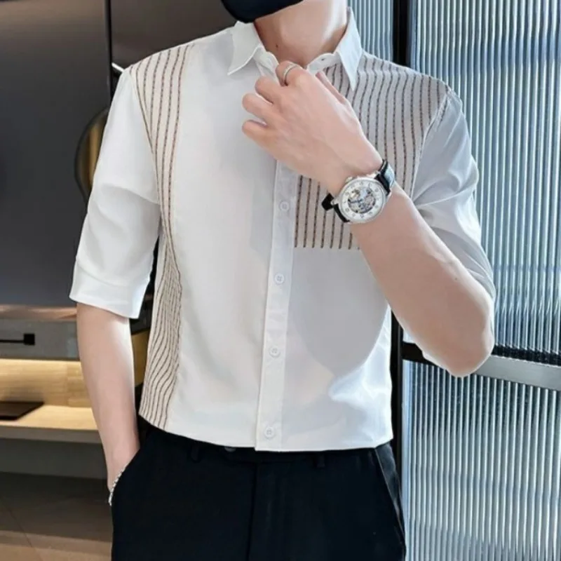 

Men's Slim Fit Three Quarter Sleeve Striped Shirt Set Premium Summer Casualwear High Quality Fabric Versatile Streetwear Style