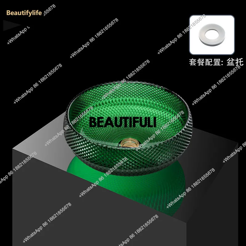 

B567 Advanced design grid patterned round countertop basin, light luxury transparent crystal glass washbasin,for hotel, shop