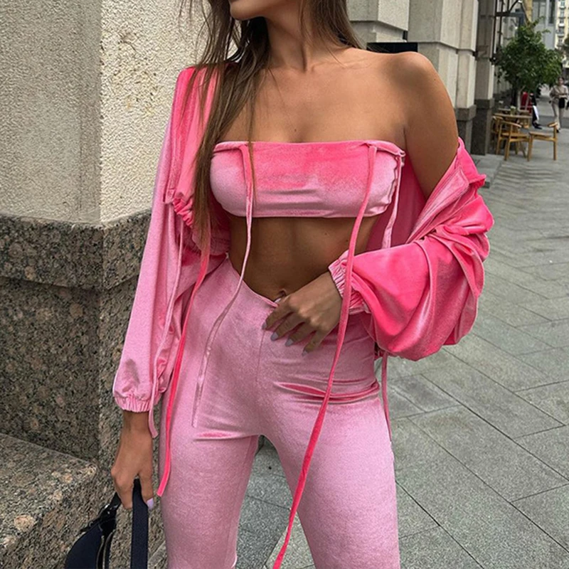 

OMSJ Velvet High Street Tracksuit Three Pieces Outfits For Women Halter Lacing Tank Top+Hooded Zip Coat+Flare Pants Casual Suits