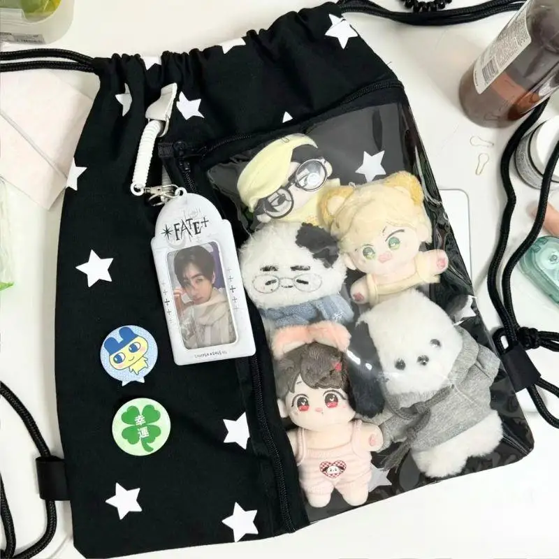 

New Drawstring Canvas Backpack Transparent Pockets Pain-Free Bag Large Capacity Star Print Storage Bag Lightweight Commuting Bag