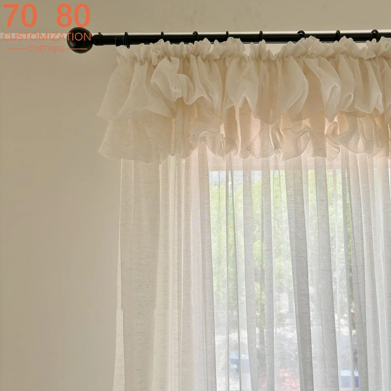 Natural Linen Double-layer Pleated Flower Bud Curtains Head Window Screen Living Room Bedroom Window French Window Customized