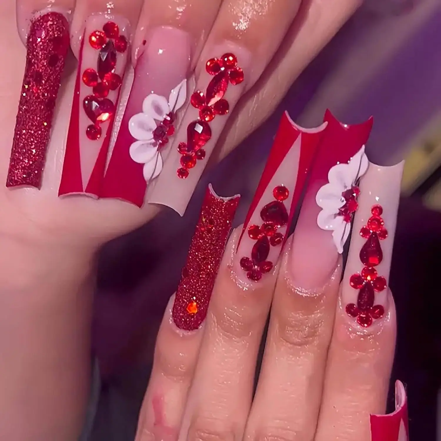 

Red Press on Nails Long Square Fake Nails with Flower Rhinestones Glitter Acrylic Artificial Nails for Wedding Prom Party