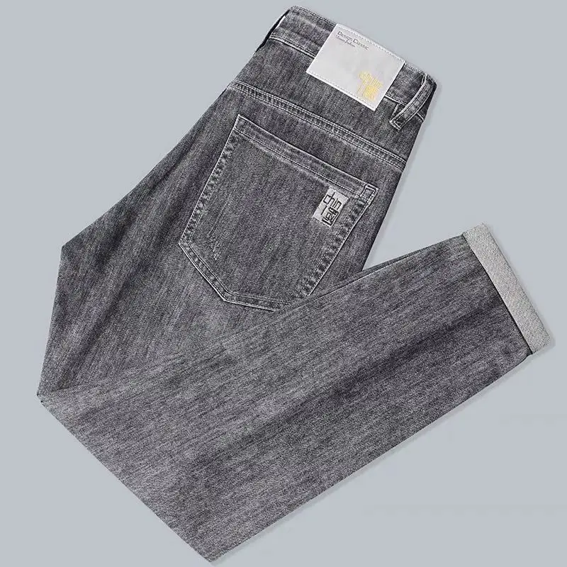 

Джинсы с вышивкой бойфренда, мужские свободные прямые джинсы, лето 2029, новые дышащие эластичные повседневные брюки, черные джинсы, мужская одежда, джинсы