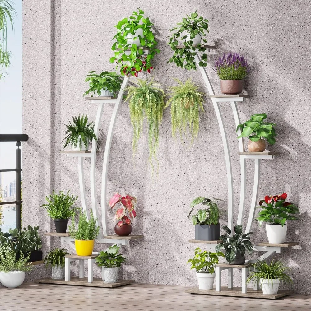 Plant Stand Pack Metal Curved Display Shelf with 2 Hanging Hooks, Multi-Purpose Bonsai Plant Rack White Plant Shelves