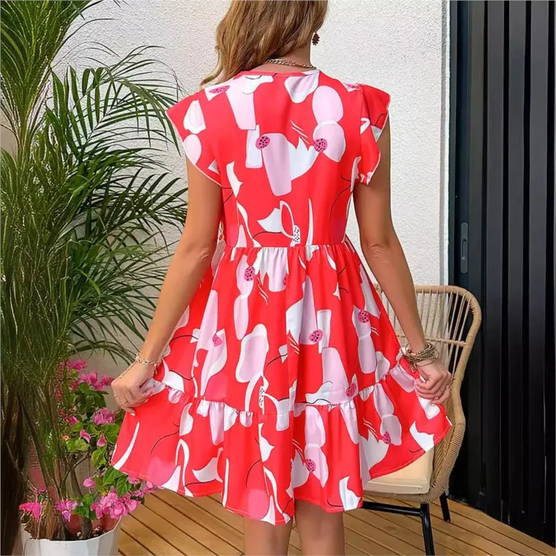 New Summer V Neck Flower Printed Mini Dresselegant Women's Cool Casual Style Vestidos Lotus Leaf Sleeve Party Dresses For Women