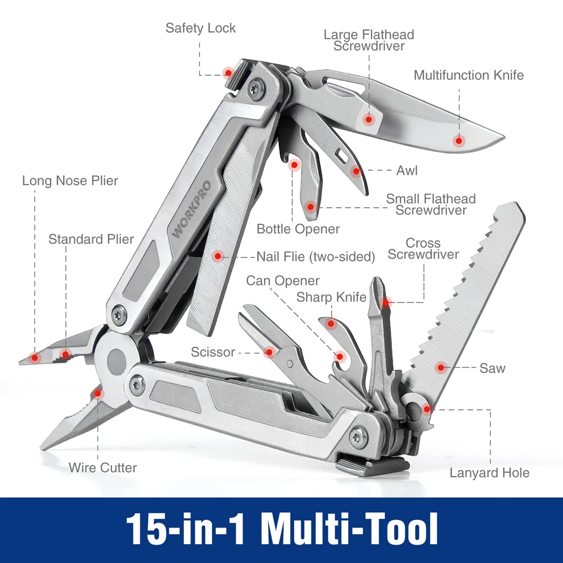 WORKPRO-narzędzie wielofunkcyjne scyzoryk ze śrubokrętem, wytrzymałe szczypce wielofunkcyjne, bezpieczeństwo i osłona Multitool, 15 w 1