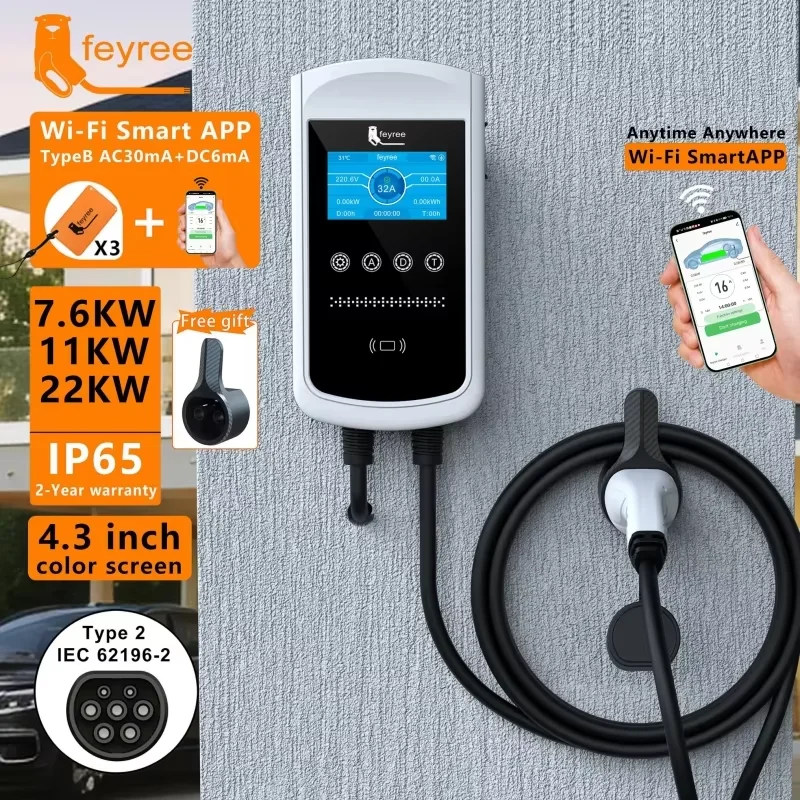 feyree Type2 EV Charger 32A 7.6KW Charging Station Car Charger 11KW 22KW 3Phase EVSE Wallbox 4.3inch Screen Smart APP Control