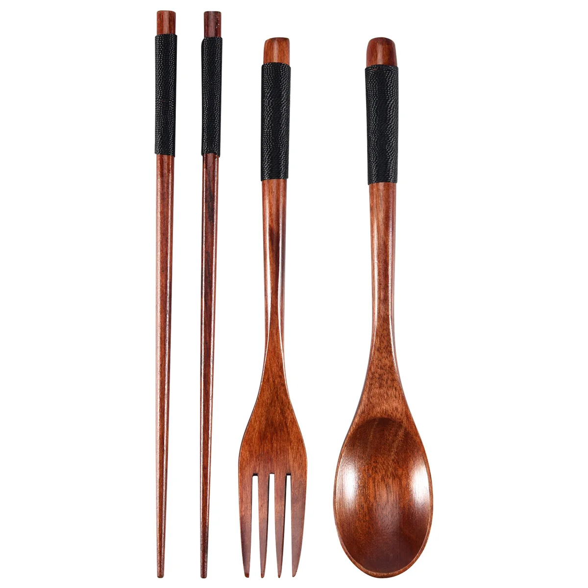 Wooden Flatware Set, Wooden Portable Set Chopsticks Spoon Fork Tableware Dinnerware with Black Twining Thread