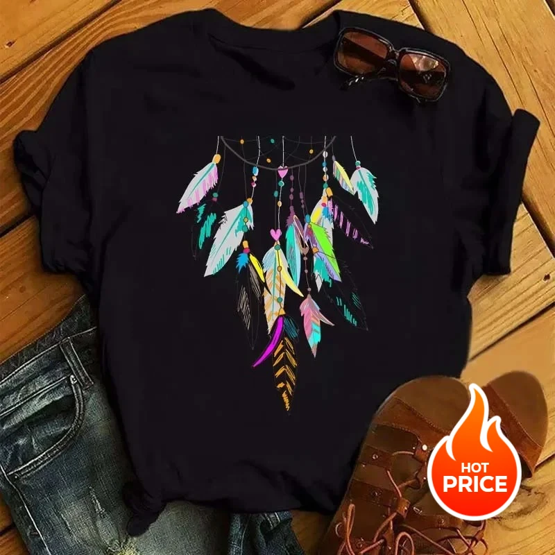 

Lady Top TShirt Ladies Womens Graphic Women Summer Short Feather Fashion Aesthetic Clothes Pullover Oversized Y2K Streetwear