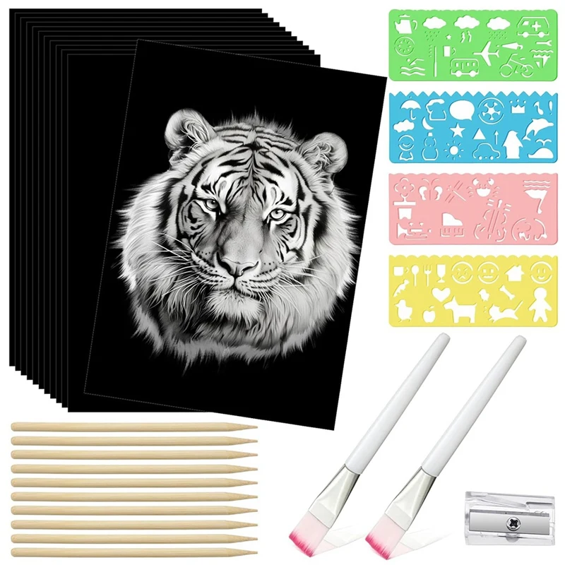 Hot 187 Pcs Scratch Paper Art Set Scratchboard Craft Kits Black Coated Scratch Paper Wood Art Stylus And Stencils 8.5 X 11In