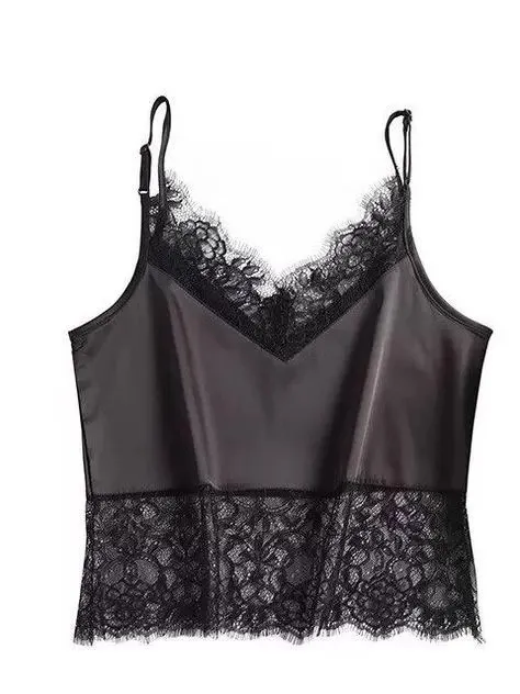 plus Size Lace Hollow Splicing V-Ne Svel Strap Vest Faionable Hemline Inner Wear Loose Top for Women