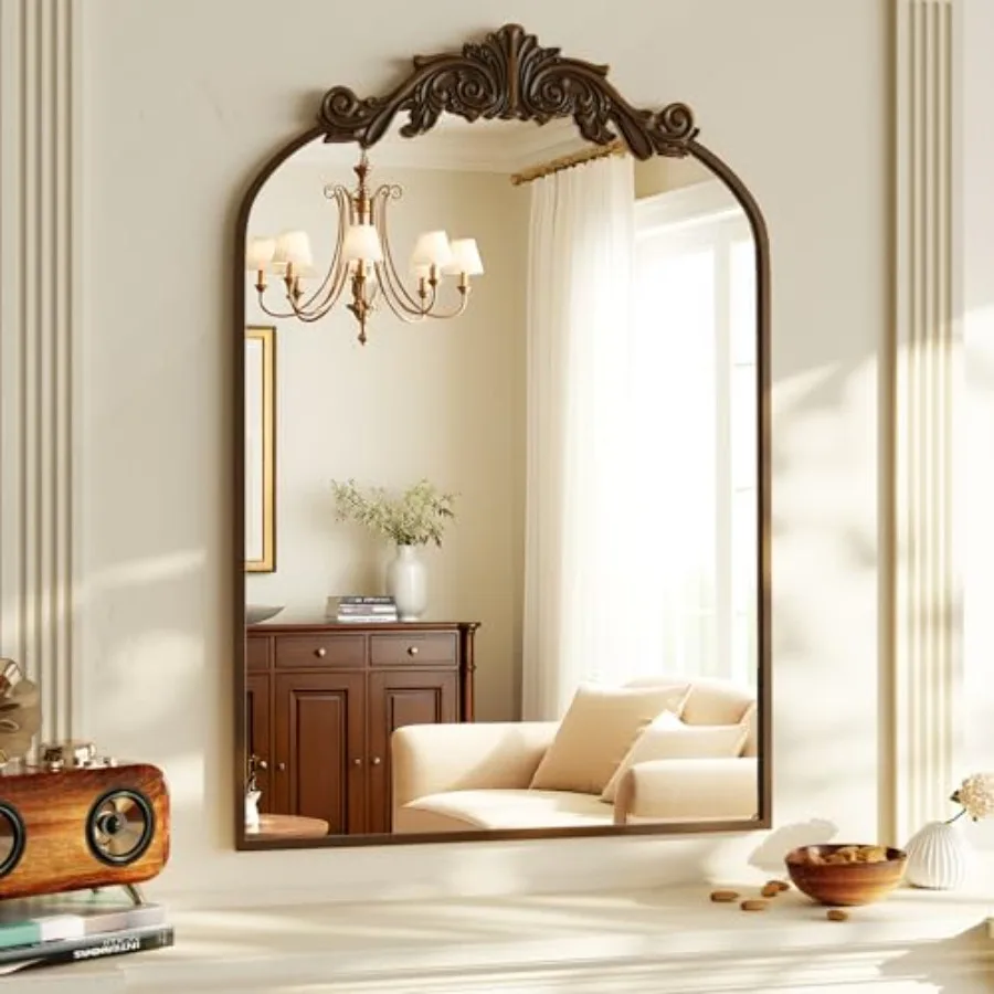 

Vintage Arched Bathroom Mirror, 24x36 Inch Retro Wall Mounted Vanity Mirror with Carved Pattern Top and Metal Frame, Decorative