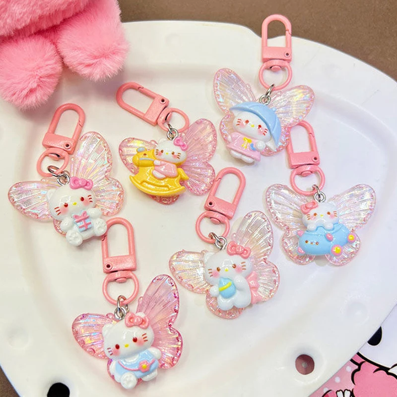 Sweet Cute Hello Kitty Butterfly Keychain Cartoon KT Cat Key Ring Bag Pendant Car Key Holder Earphone Charm Best Friend Gift