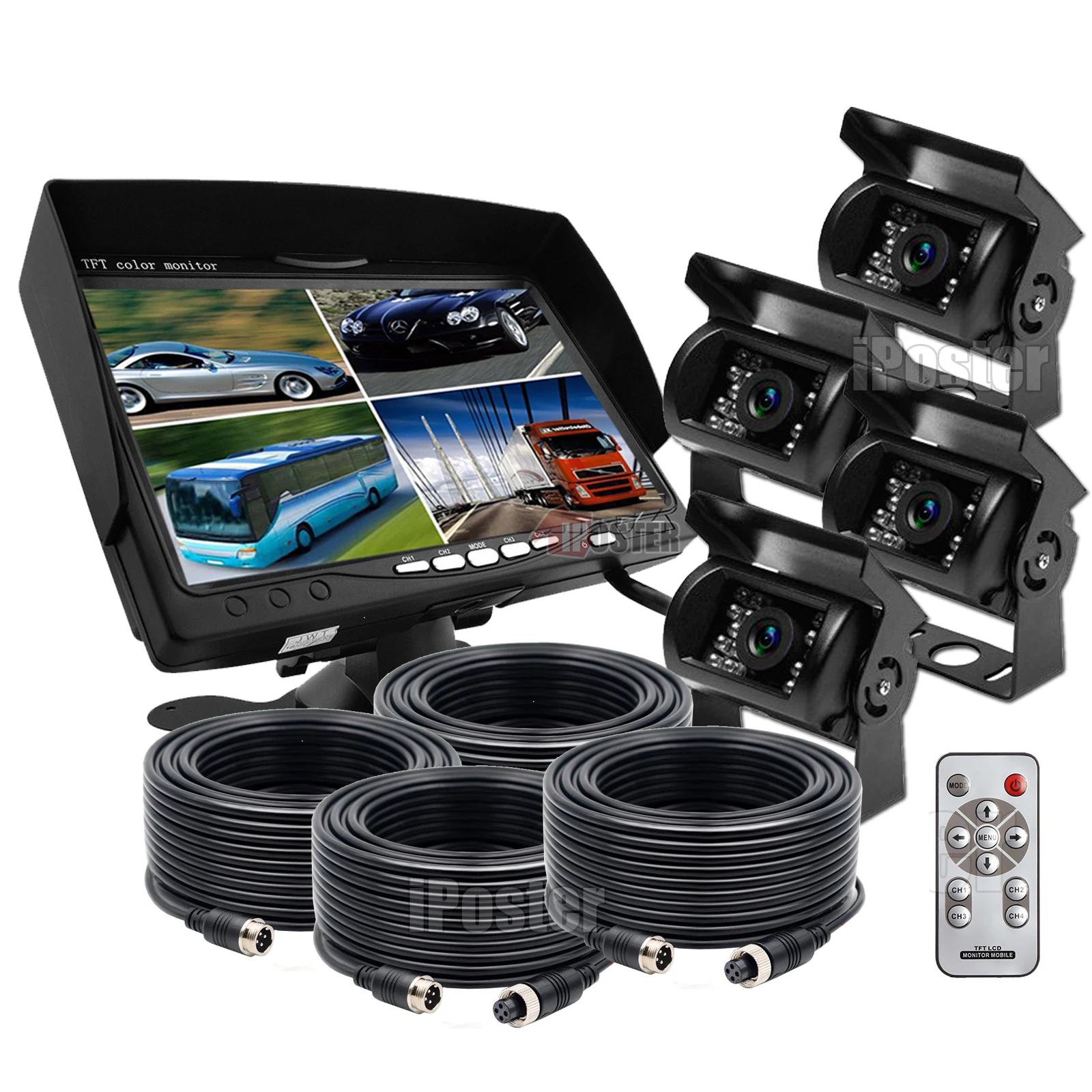 iPoster 4x 4PIN Rear View Reversing Backup Camera CCD Sensor IR LEDs Night View IP68 Waterproof Anti-shock 120 Degree View Angle Glass Lens With 7 Inch IPS Screen QUAD Monitor 12-24V For Truck Rv Trailer Horse Float Tractor