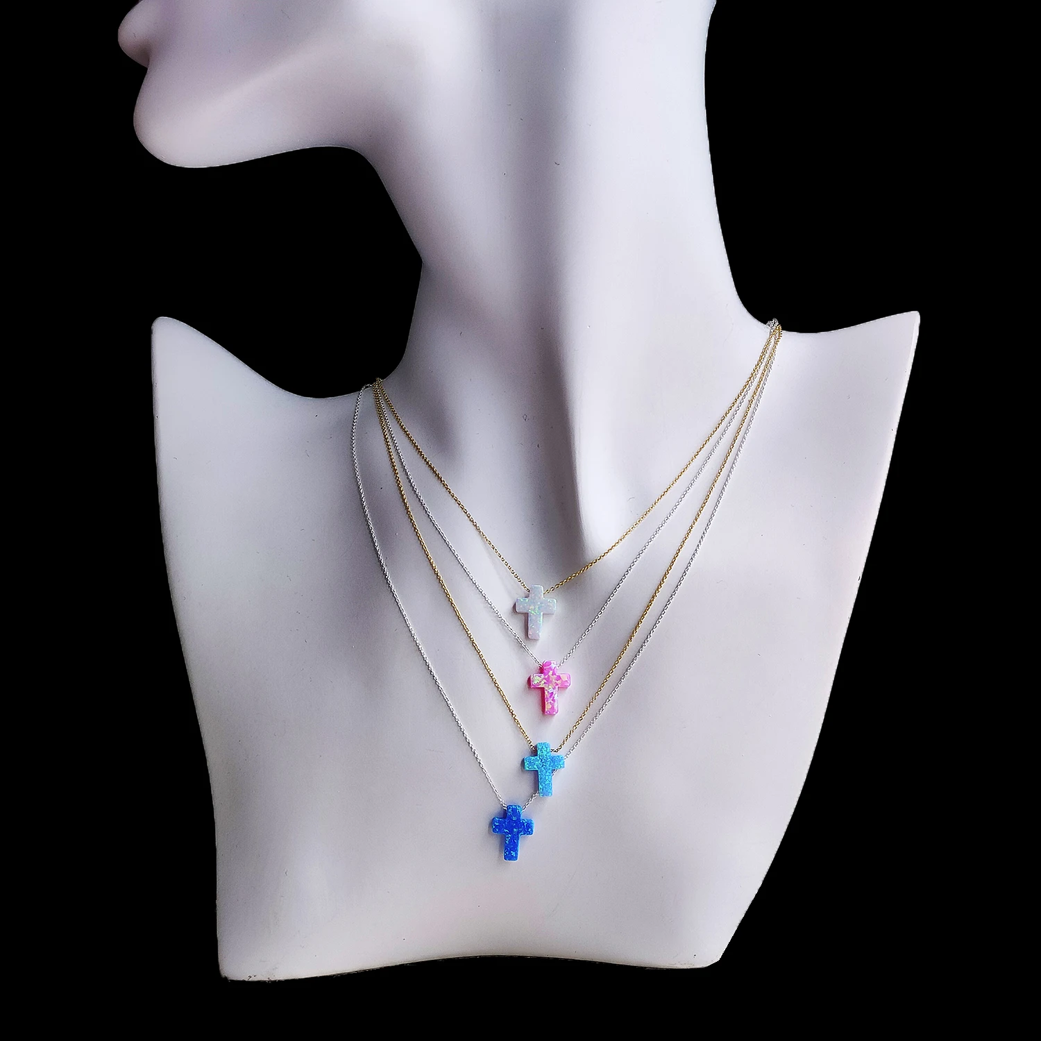 Cross Necklaces Woman Brass Plated Silver Gold 9x12mm Opal Jewelry Cross Pendant Chain