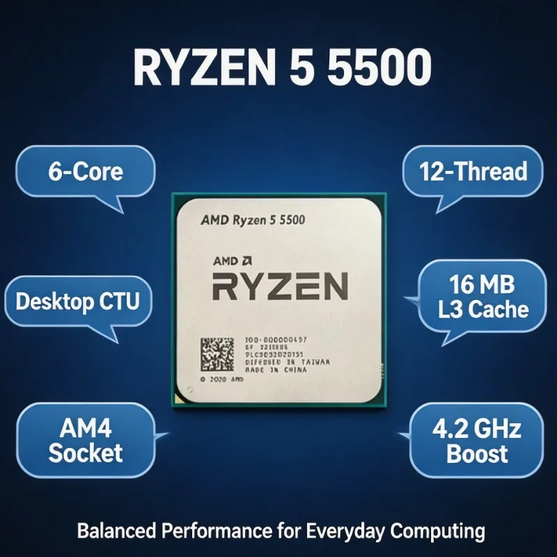 AMD Ryzen 5 5500 Desktop CPU Processor 6‑Core 12‑Thread 4.2GHz Boost 65W TDP L3 16MB Socket AM4 DDR4 Gaming Without Fan