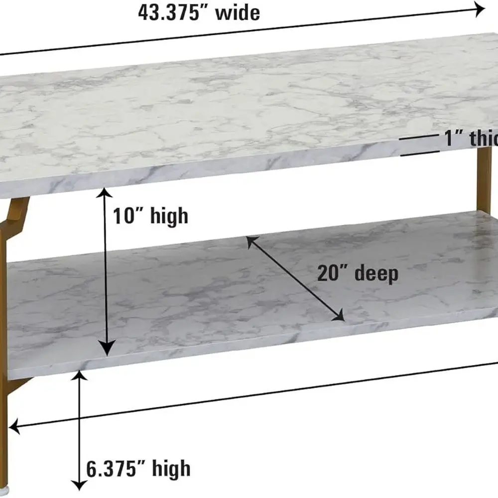 طاولة قهوة مستطيلة الشكل من الرخام الأبيض مع إطار معدني ذهبي ورف تخزين #3
