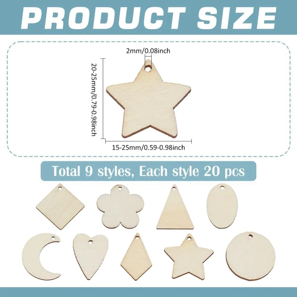 180Pcs 9 Style Unfinished Hollow Wood Big Pendants Undyed Laser Cut Wood Shapes Mixed Shape White 23~25x16.5~24.5x1.5mm