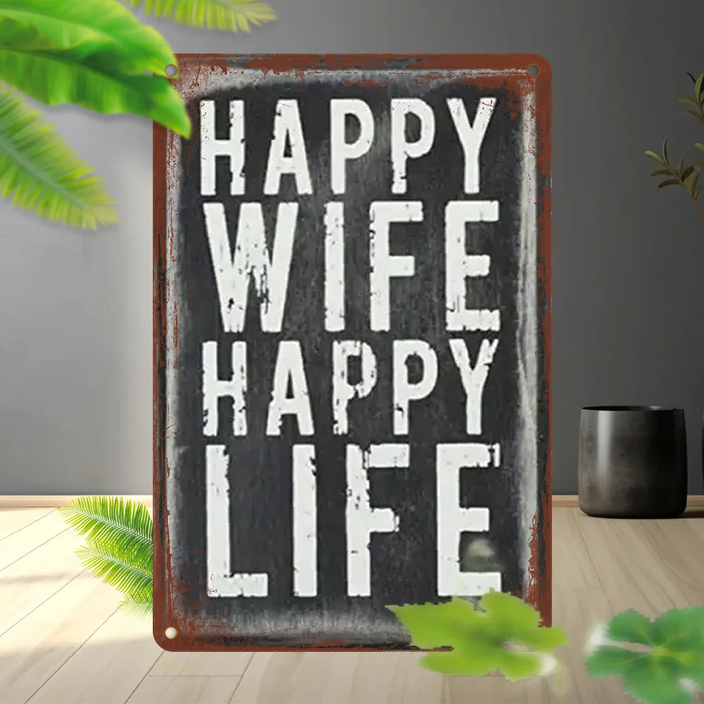 Rustikales Wand-Schild „Happy Wife Happy Life“ aus Vintage-Metall, geeignet für Zuhause, Büro, Bar-Dekoration, lustige Wanddekoration
