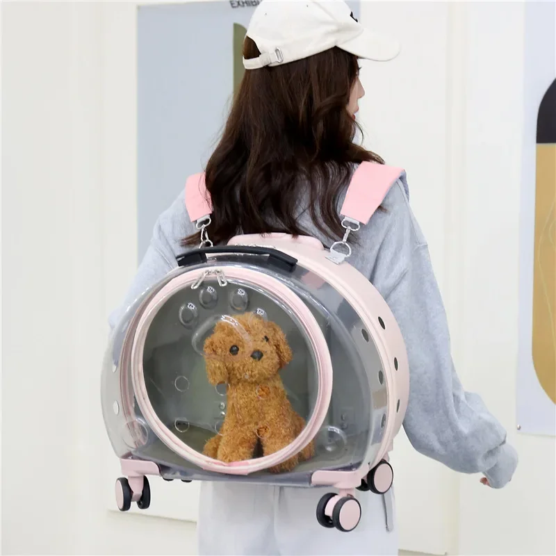 Airline Approved On Wheels Stroller Trolley Pet Carrier Backpack, Transparent Bubble Cat Bag for Travel Pet Suitcase, Wholesale