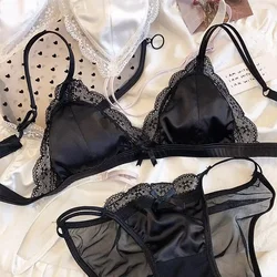 French Simple Sexy Lace Non-Underwire Triangle Cup Thin Bra Big Chest Small Top Support Anti-Sagging Underwear Set