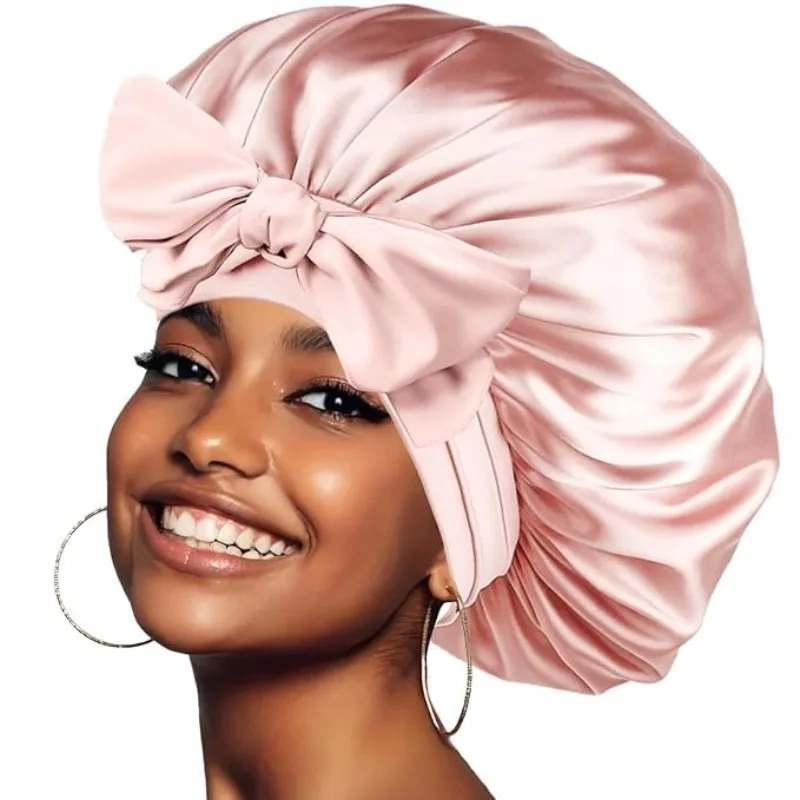 For Women Night Shower Cap Adjustable Hair Head Cover Bonnet Turban 36cm Satin Solid Sleeping Hat with Stretchy Tie Band Elastic