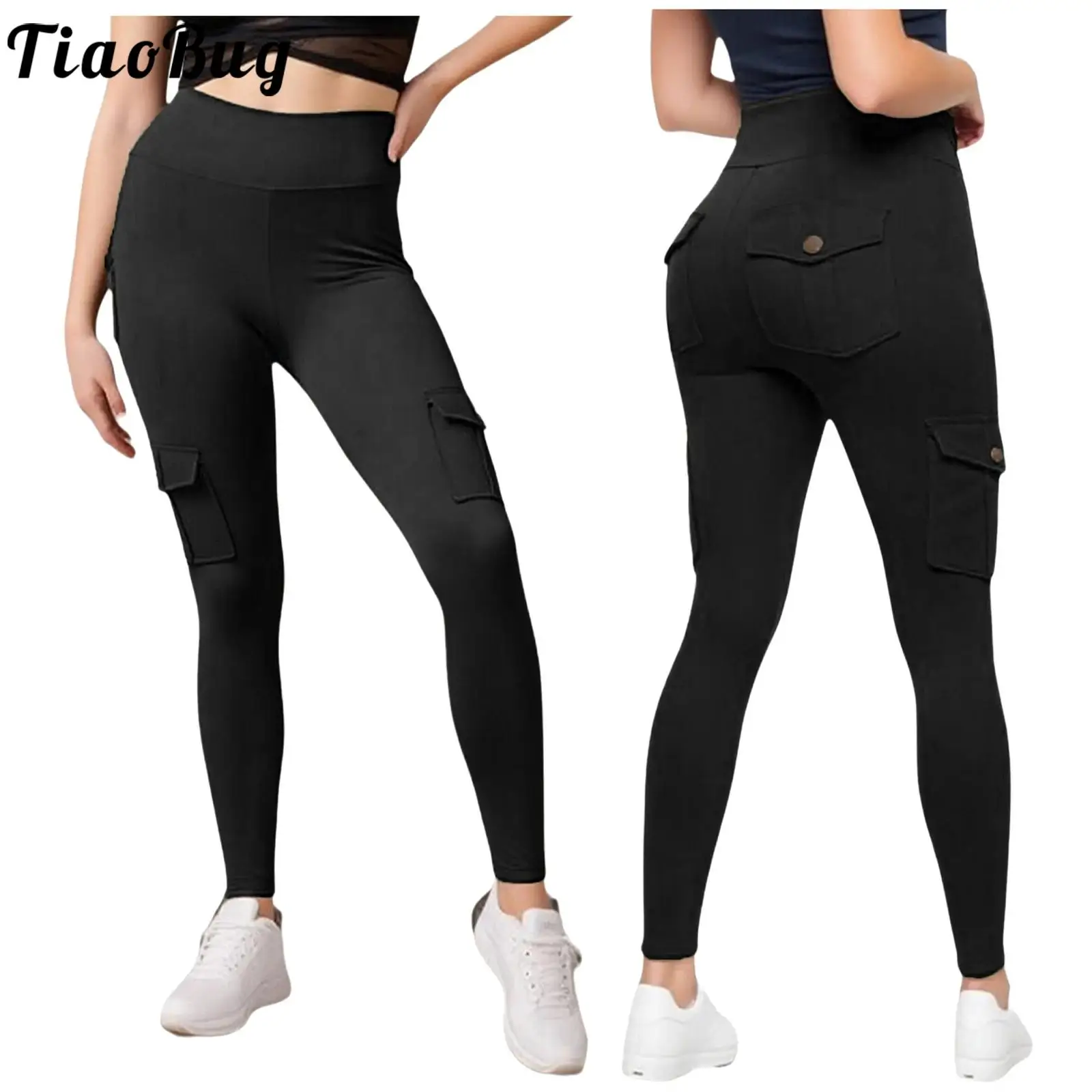 Women High Waist Cargo Pants Yoga Sport Booty Lifting Leggings with Flap Pockets for Workout Gym Fitness Running Sport Pants