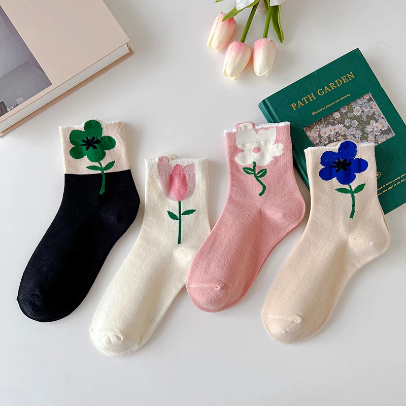 1 Pair Women Socks Japanese Korean Style Cartoon Flower Candy Color Harajuku Kawaii Mid Tube Socks Breathable Casual Short Socks