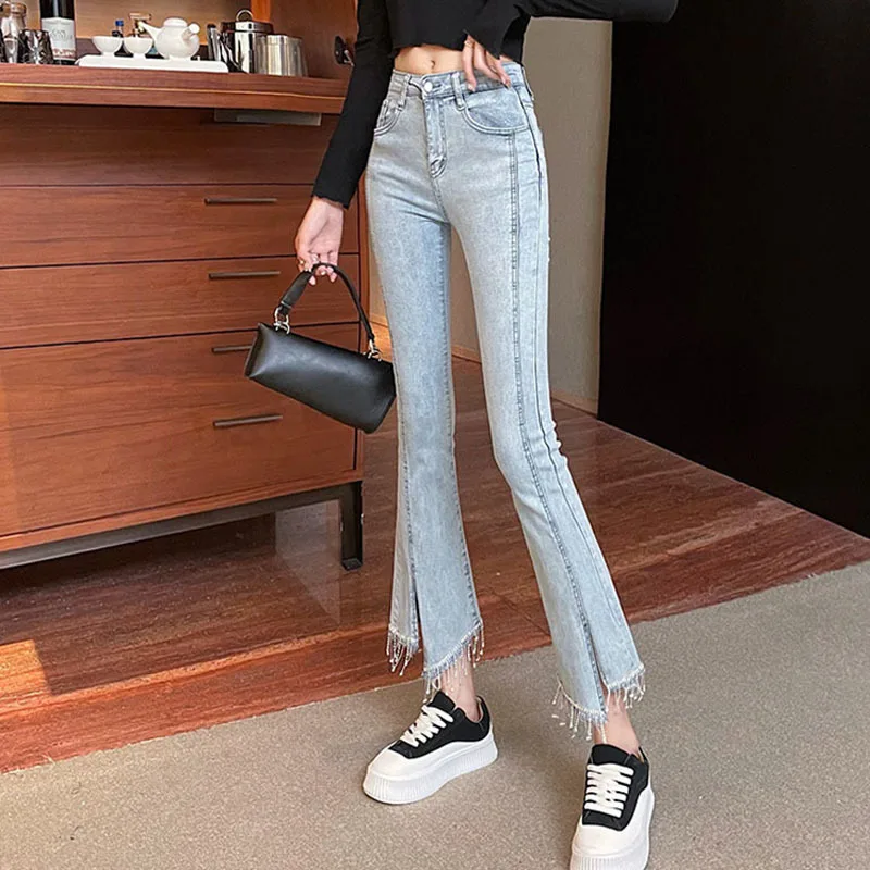 

Tassel Flared Jeans Woman High Waist Wide Leg Pants Stretch Fashion Tight Washde Denim Trousers For Female