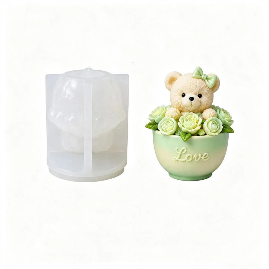 3D Niedliche Rosenblüten-Bären-Silikonform für Kerzen, DIY Bären- und Blumenförmige Kerzen-Gips-Seifen-Handwerksform, Valentinstagsgeschenk – Detail 3