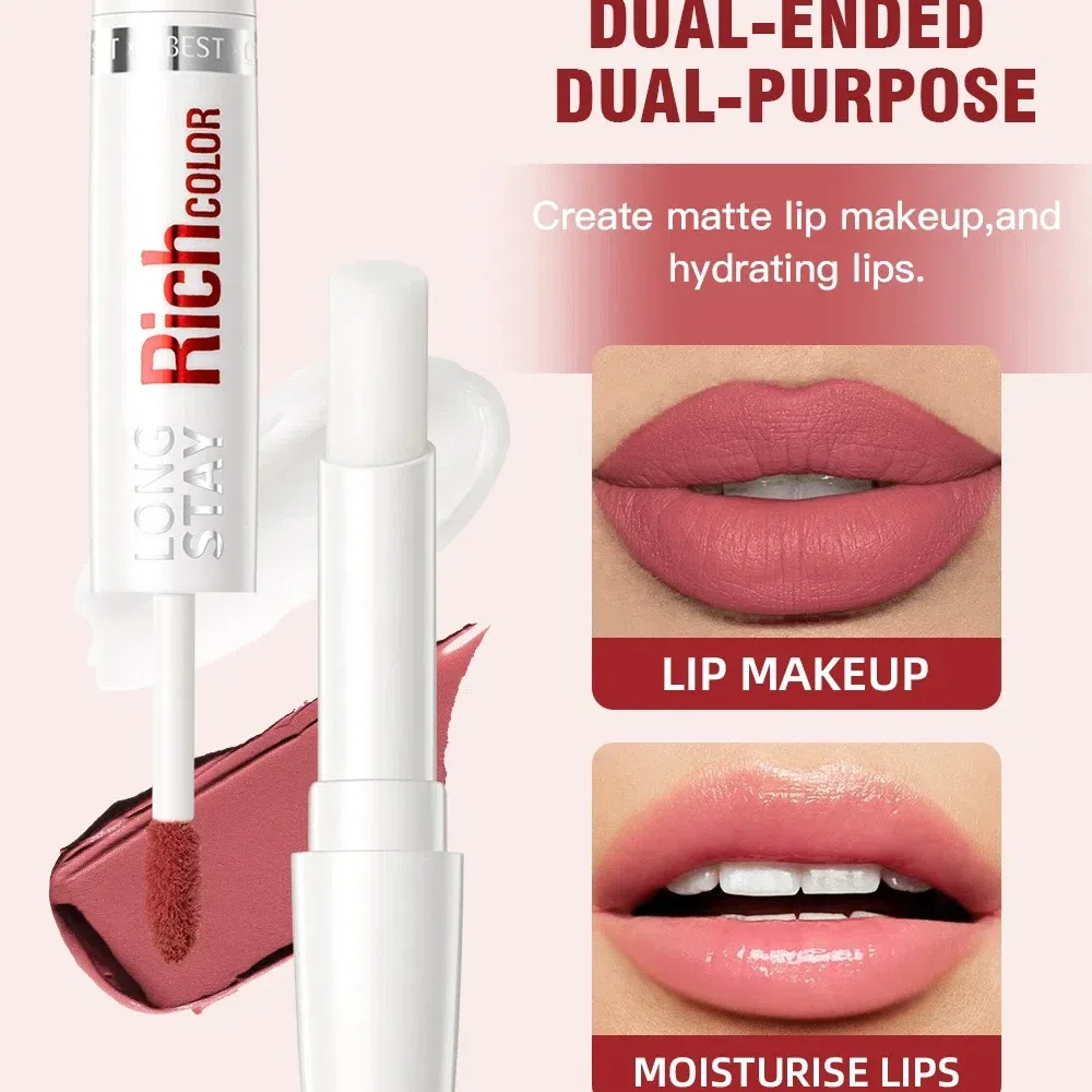 QIBEST Double Head Matte Liquid ลิปสติก 8 สีกันน้ํา Long-Lasting Makeup Lip Balm ลดริ้วรอย Lip GLOSS เครื่องสําอาง