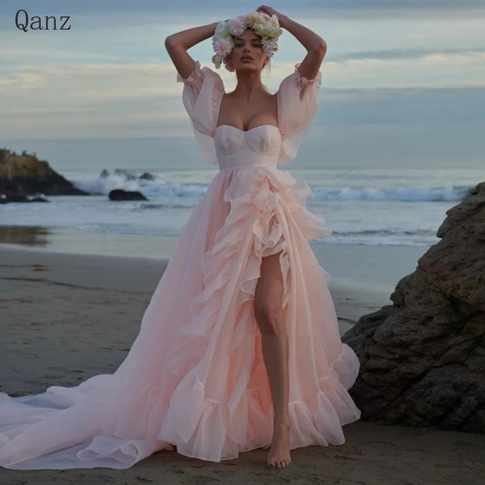 

Qanz Organza Prom Dresses Short Puff Sleeves Ruffles Ruched Evening Party Gowns Slit Princess Formal Women Vestidos De Fiesta