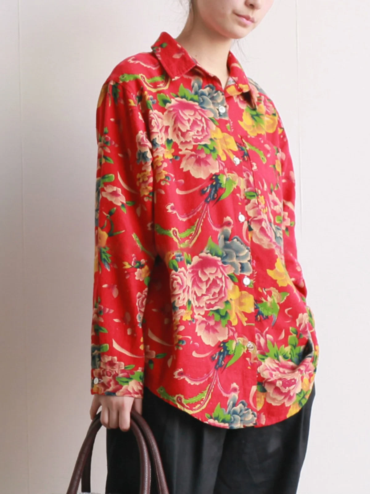 Artistic Loose Long Sleeve Cotton Linen Shirt Spring Autumn Large Flower Pattern Traditional Northeast China Style Women's Top