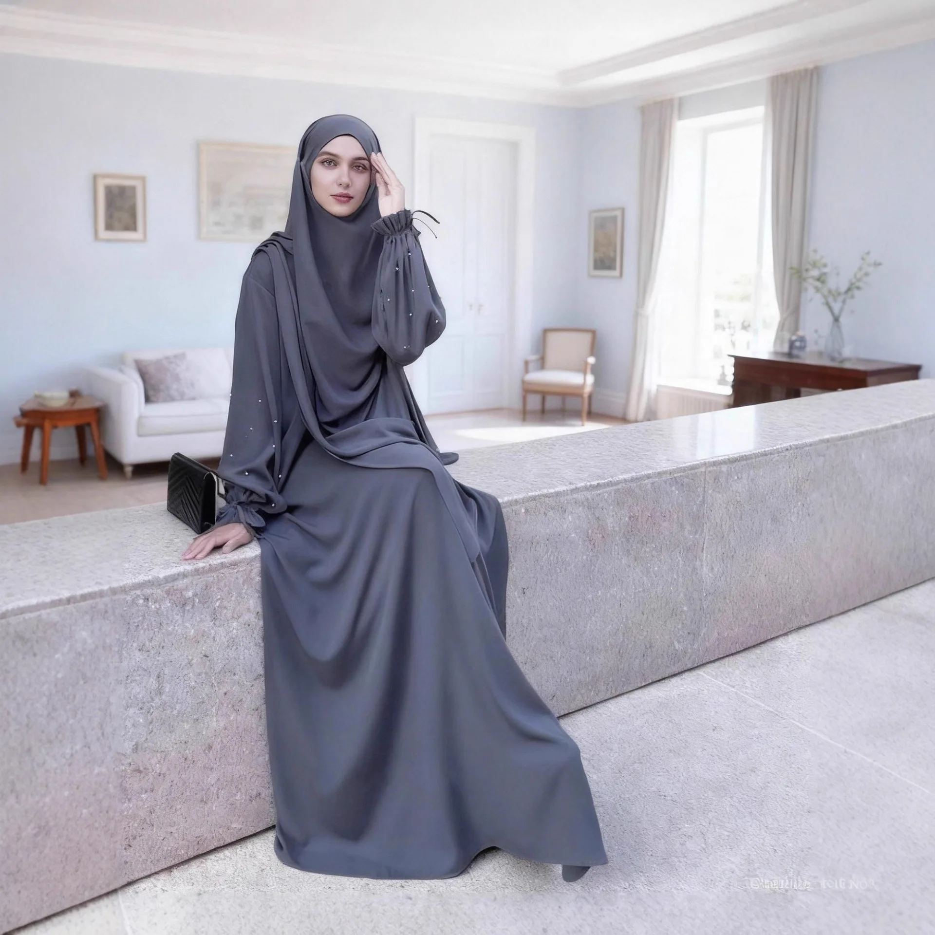 Women Dress with Khimar 2 Piece Set Prayer Garment Pearl Sleeve Party Dress Abaya Eid Muslim Caftan Robe Jalabiya Ramadan Dubai