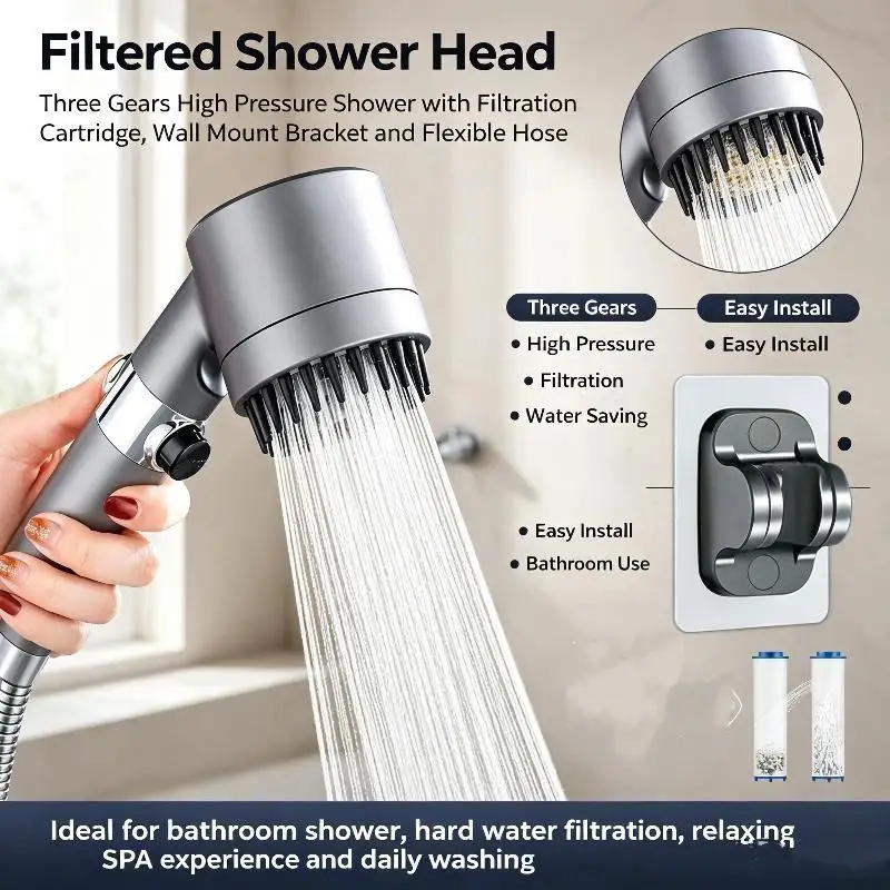 1 Set Portable Filter Shower Turbo Pressure Multi Spray Modes New Ion Drop Shower Head On/Off Switch & Built-in Filter