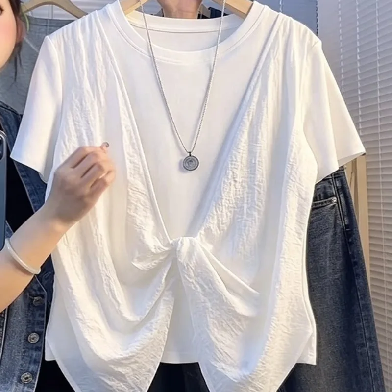 Summer New French Faux Two-piece Knotted Design Round-neck Short-sleeved T-shirt  Women Leisure Style Relaxed Fit  General Sets