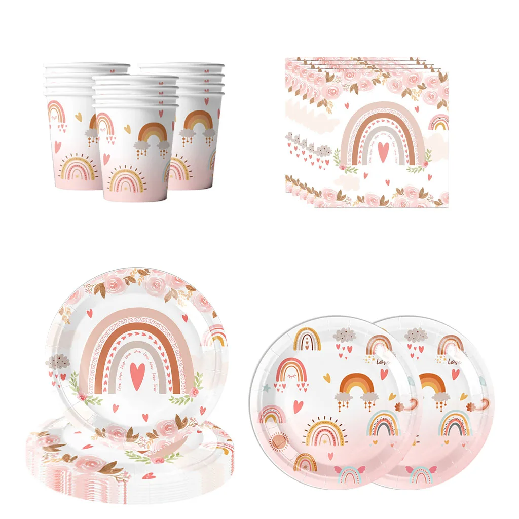 Assiettes en Papier Rose Arc-en-Ciel, Poulet, Gobelets, Serviettes, Décor de ixd\'Anniversaire, 10 Pièces