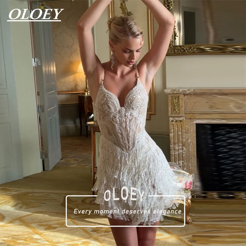 OLOEY Luxury White Beaded Lace Short Wedding Dress Spaghetti Straps Sweetheart Neck Bodice Fringe Mini Bridal Gown Customized