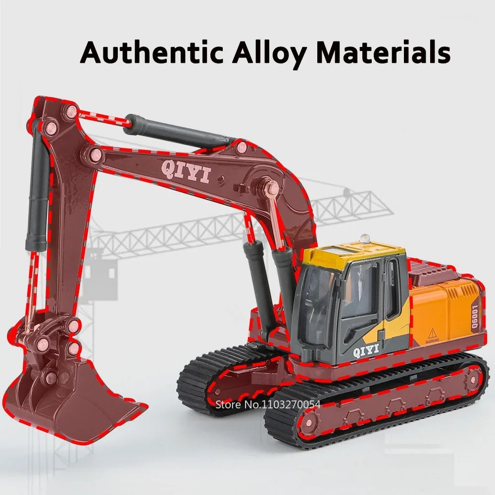 1/60 Excavator Model Toy Car Diecast Alloy Engineering Vehicles Metal Body Rubber Tires Sound Light Simulation Kids Toy Gifts