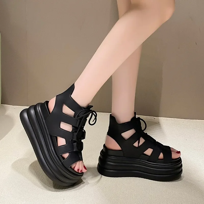 8.5CM Thick Bottom Gladiator Shoes Woman New Summer Chunky Sneakers High Platform Sandals Hollow Out Wedge Heels Beach Sandalias