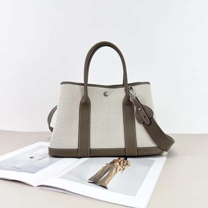 

Garden Bag Series: Canvas Top-Grain Cowhide Patchwork Tote. Large Capacity Commuter Handbag. Premium Niche Genuine Leather Tote