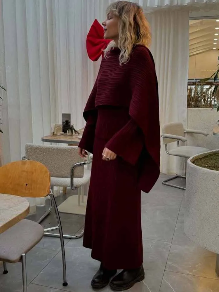 BKQU Gonne maglione lavorato a maglia Set da 3 pezzi per donna Pullover caldo ampio con scollo a O con sciarpa Gonna lunga a vita alta Abiti autunno inverno