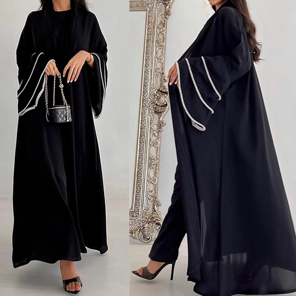 Fashion Flare Sleeve Muslim Dress Robe Female Full Length Opened Pearl Abaya Muslim Dress Worship Service Abaya Kimono Ramadan