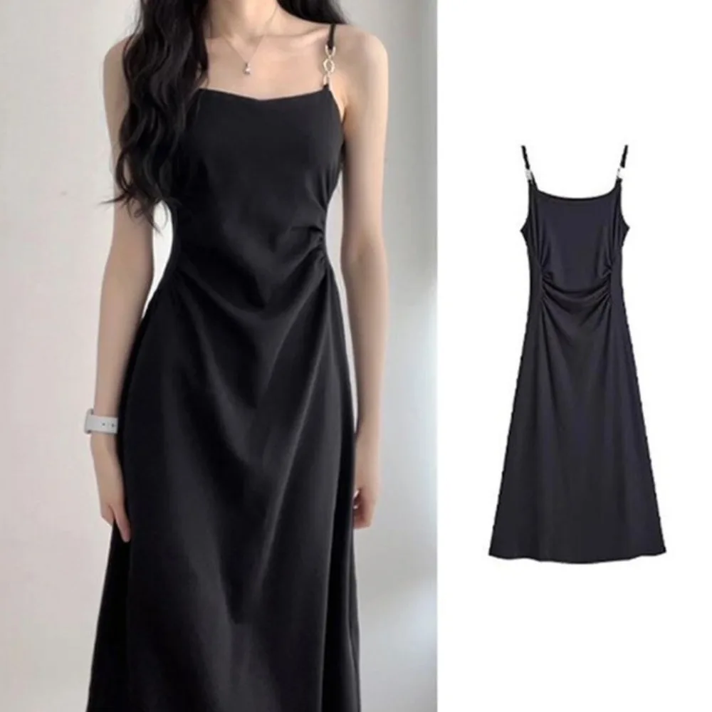 

2026 Summer New Women's Elegant Sleeveless Strap Dress Korean Fashion Black Sexy Slim Waist Dress for Women